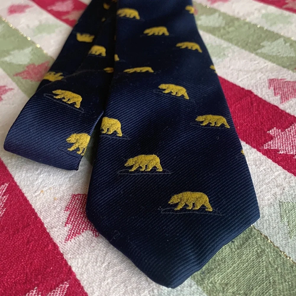 Navy Blue Tie with Gold Bear Motif - Men's Accessory